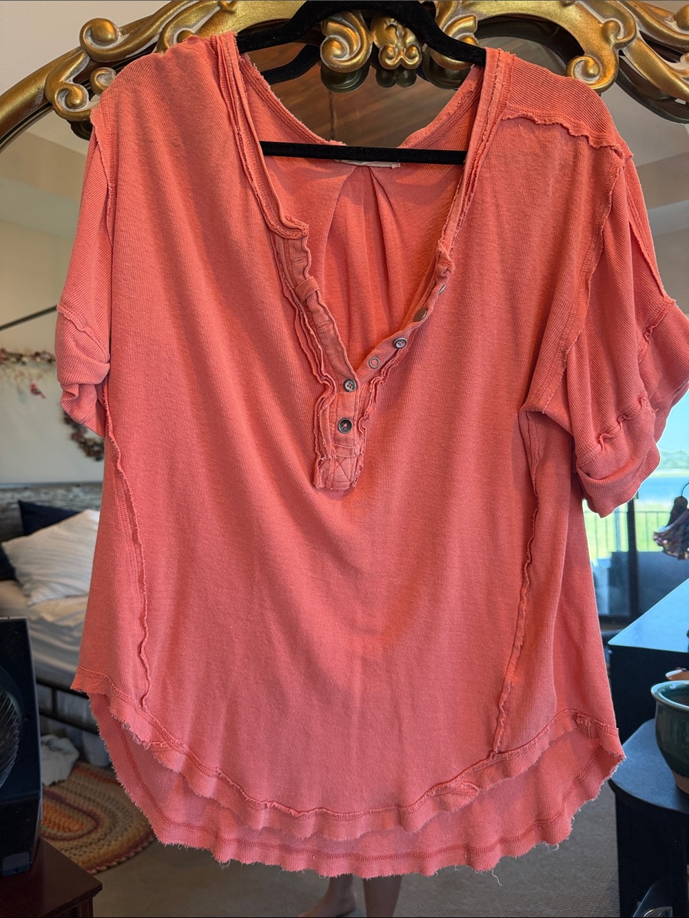 Free People Washed Coral Short Sleeve Henley Top